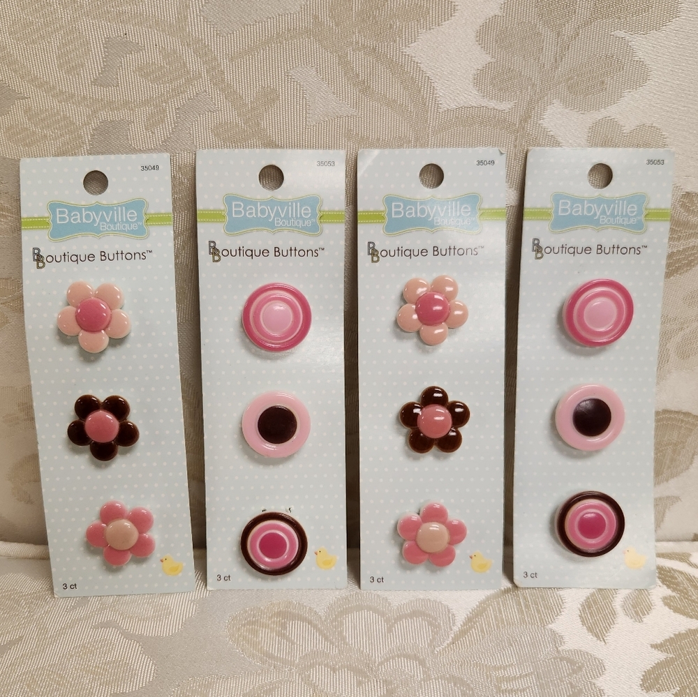 Babyville Boutique Buttons Lot Of (4) Sets Of 3 Pink Brown Flowers Round